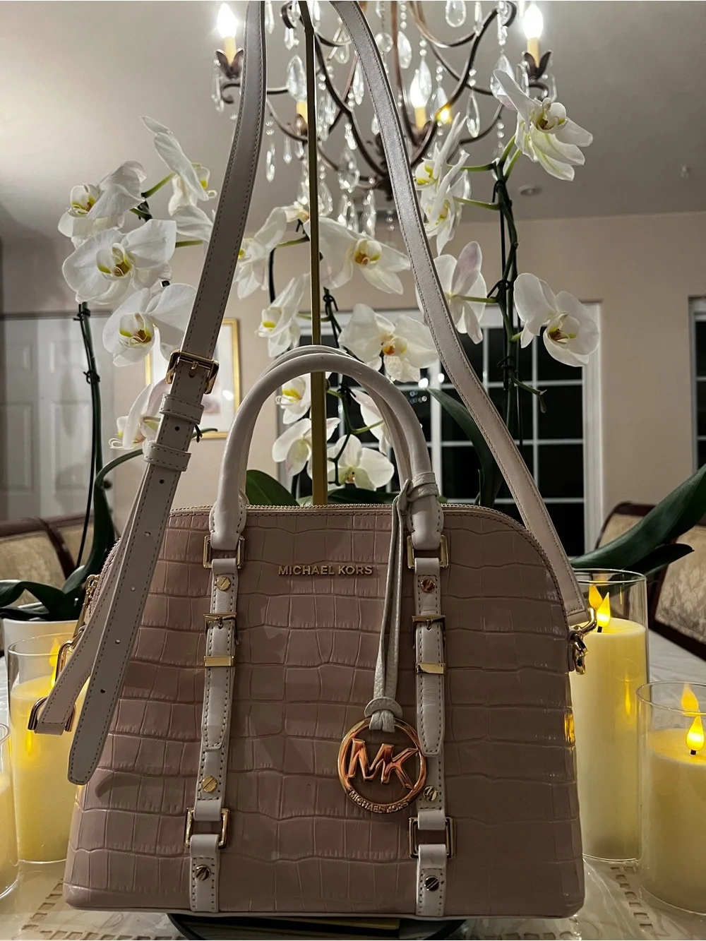 Michael Kors Bedford Legacy Blush Croc Embossed Leather Satchel Crossbody Bag